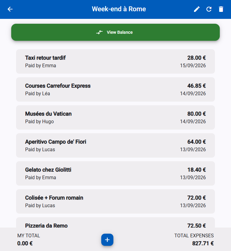 Capture de l’application : le groupe « Week-end à Rome », avec la liste des dépenses, qui a payé, et le total