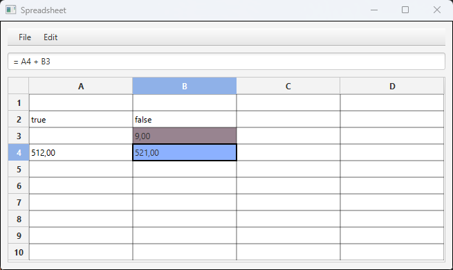 Capture du tableur : la cellule B4 contient la formule =A4 + B3 et affiche 521